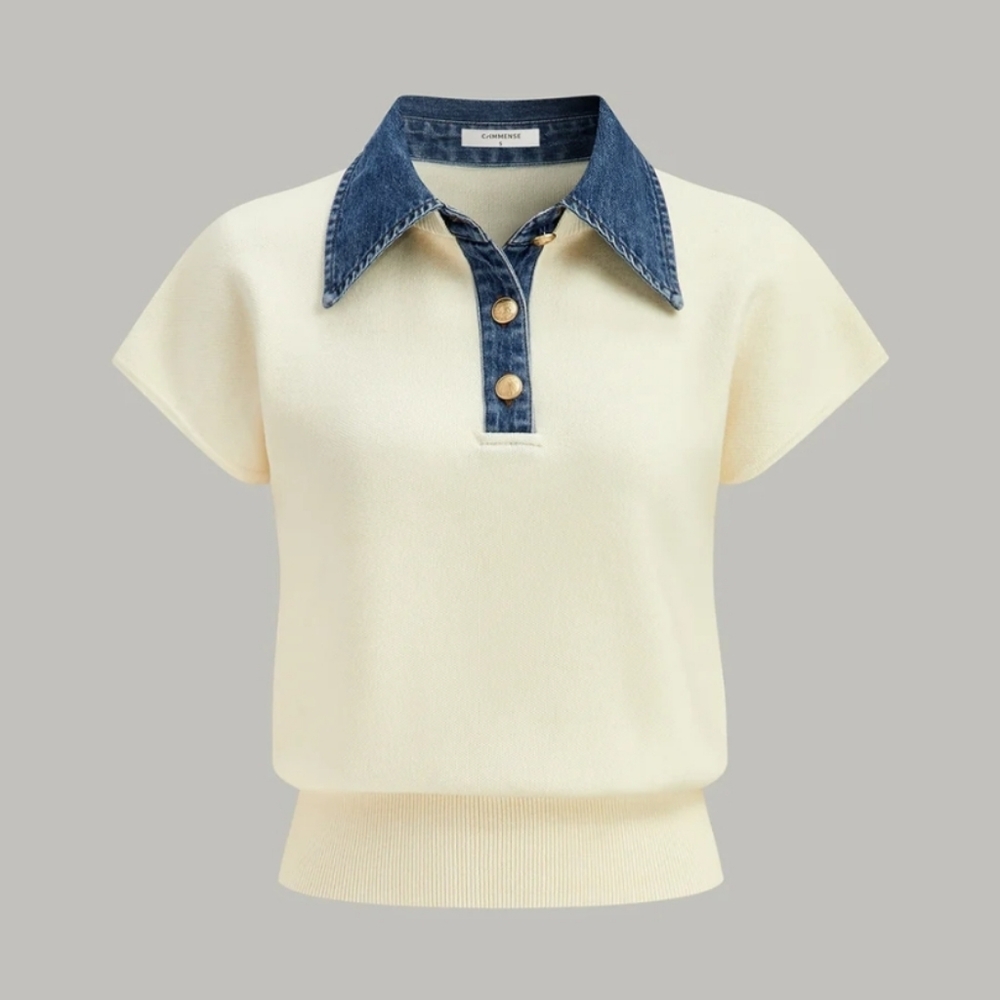 Commense Denim Collar Cinched Knit Top